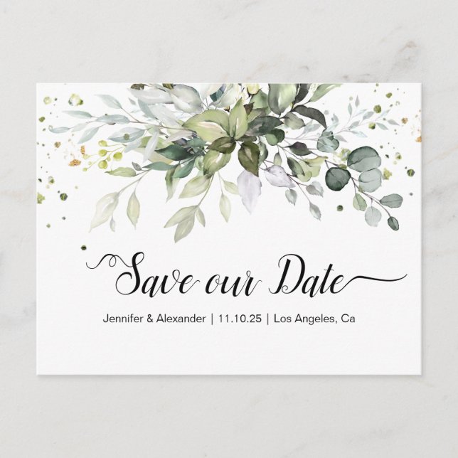 Watercolor Greenery Save the date Postcard (Front)