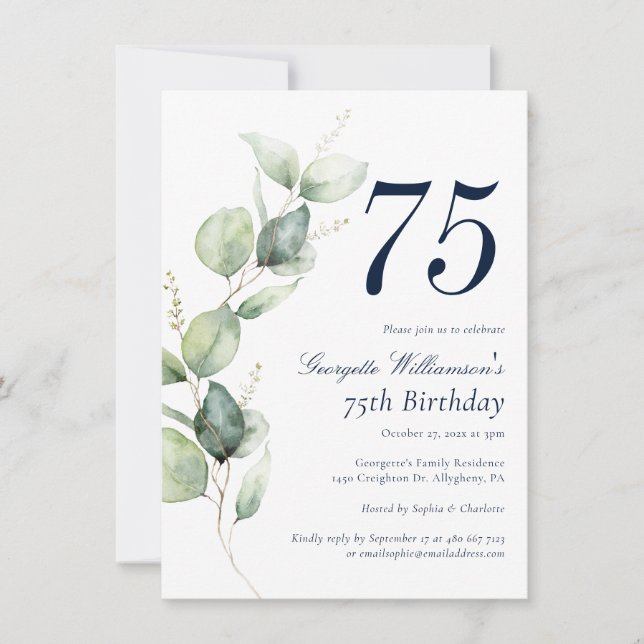 Watercolor Greenery Script 75th Birthday Invitation (Front)