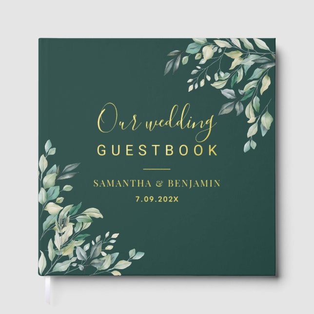 Watercolor Greenery Script Wedding Guest Book (Front)