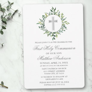 Watercolor Greenery Silver Cross First Communion Invitation