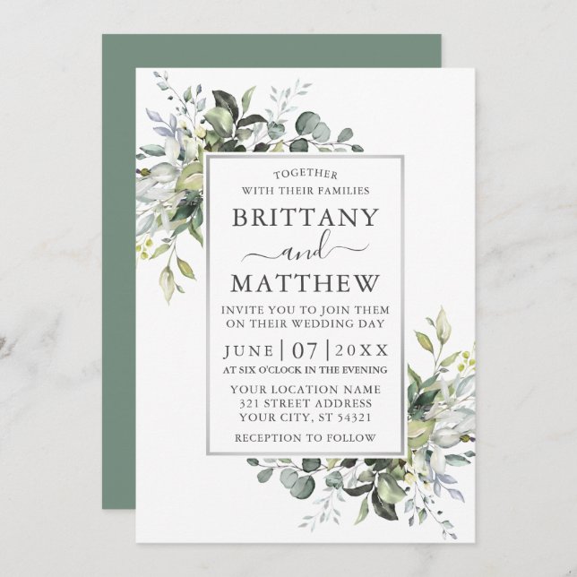 Watercolor Greenery Silver Frame Sage Green Invitation (Front/Back)