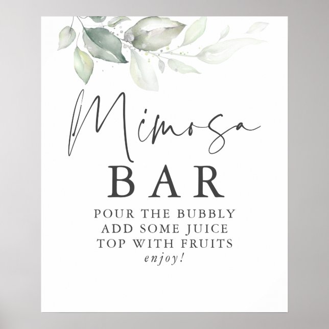 Watercolor Greenery Silver Mimosa Bar Sign (Front)