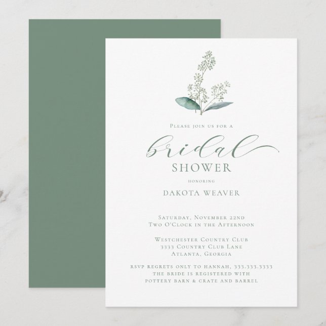 Watercolor Greenery Simple Bridal Shower Invitation (Front/Back)