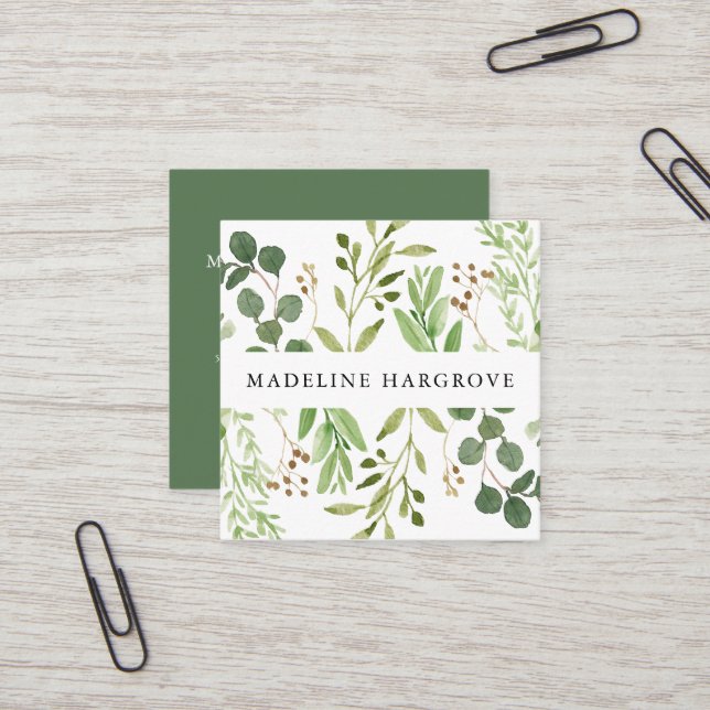 Watercolor Greenery | Square Business Card (Front/Back In Situ)