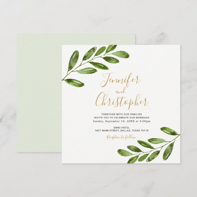 Watercolor Greenery Square Wedding Invitations (Front/Back)