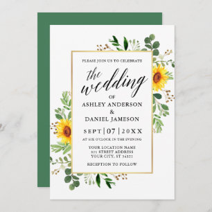 Watercolor Greenery Sunflowers Calligraphy Wedding Invitation