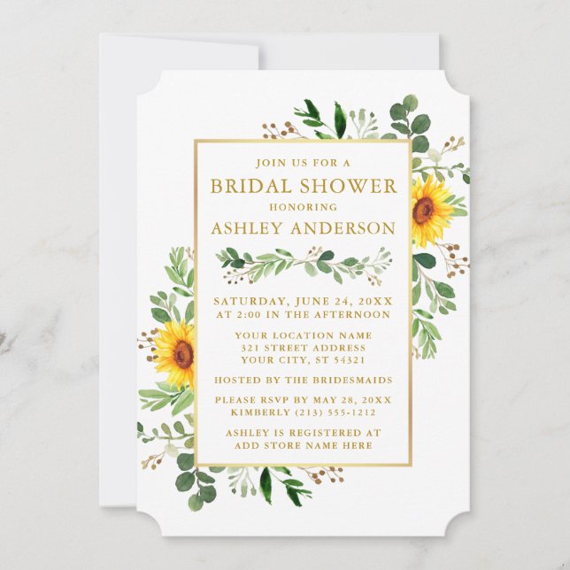 Watercolor Greenery Sunflowers Gold Bridal Shower Invitation (Front)