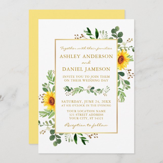 Watercolor Greenery Sunflowers Gold Frame Wedding Invitation (Front/Back)