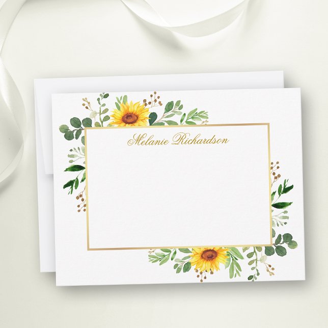 Watercolor Greenery Sunflowers Gold Personalised Card (Customize to change text size, color, style or to add more text to front or back of card.)