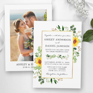 Watercolor Greenery Sunflowers Gold Photo Wedding Invitation