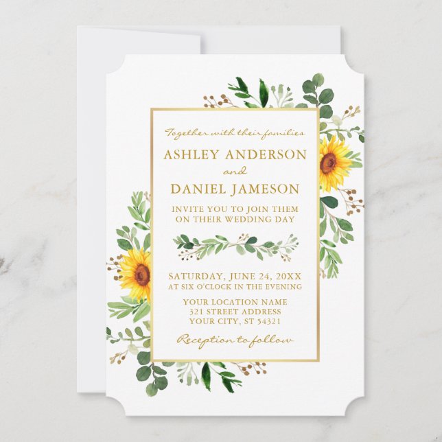 Watercolor Greenery Sunflowers Gold Wedding Invitation (Front)