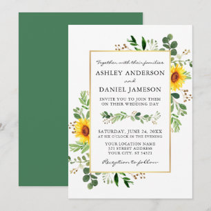 Watercolor Greenery Sunflowers Gold Wedding Invitation
