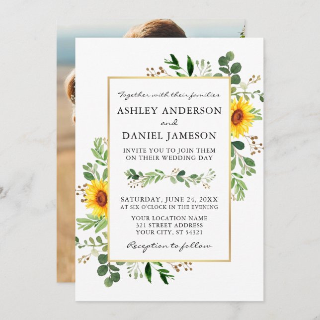 Watercolor Greenery Sunflowers Photo Back Wedding Invitation (Front/Back)