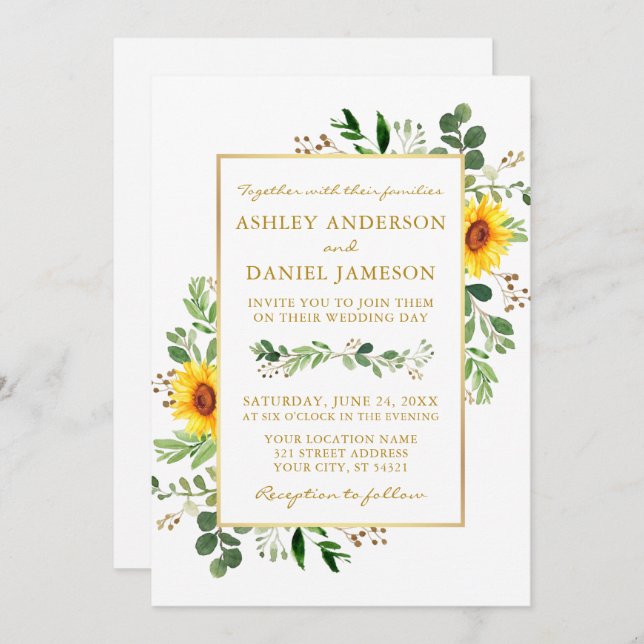 Watercolor Greenery Sunflowers Photo Gold Wedding Invitation (Front/Back)