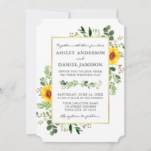 Watercolor Greenery Sunflowers Wedding Gold Invitation