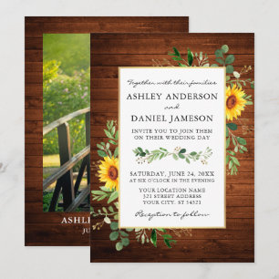 Watercolor Greenery Sunflowers Wood Photo Wedding Invitation