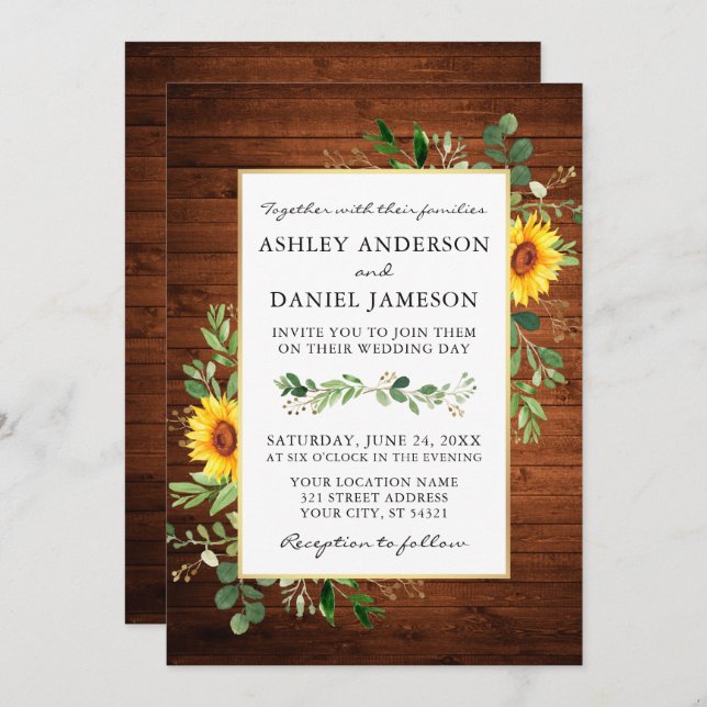 Watercolor Greenery Sunflowers Wood Wedding Invitation (Front/Back)