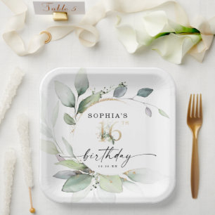 Watercolor Greenery Sweet 16th Birthday Paper Plate
