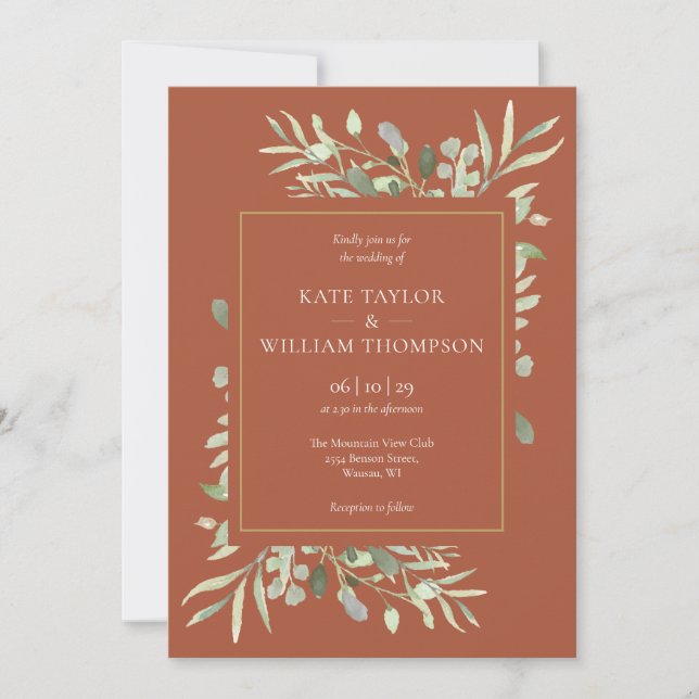 Watercolor Greenery Terracotta Gold Wedding Invitation (Front)