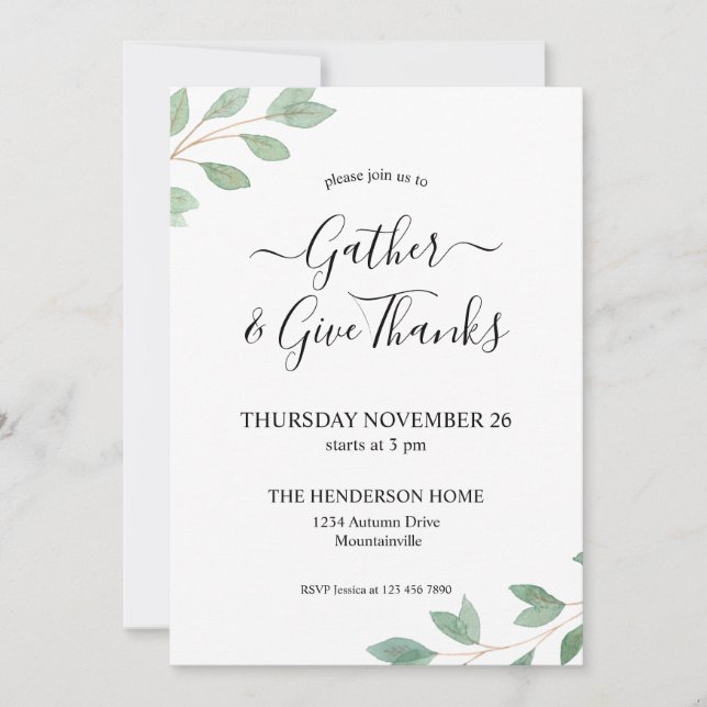 Watercolor Greenery Thanksgiving Dinner Invitation (Front)
