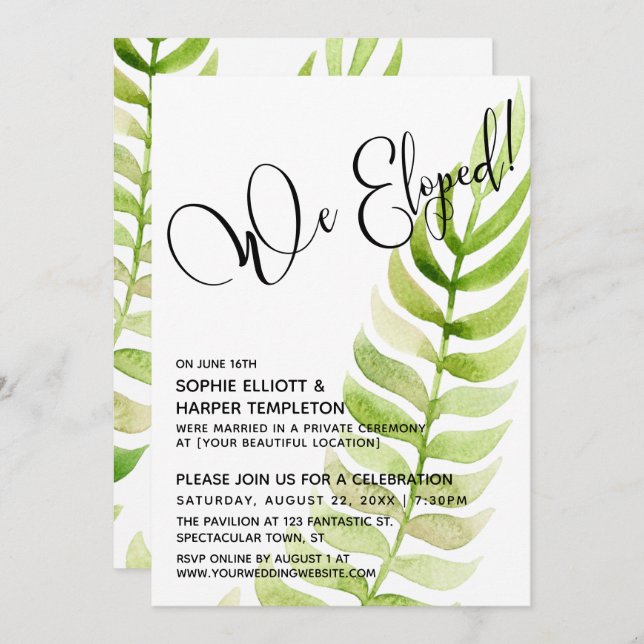 Watercolor Greenery We Eloped! After-Wedding Invitation (Front/Back)