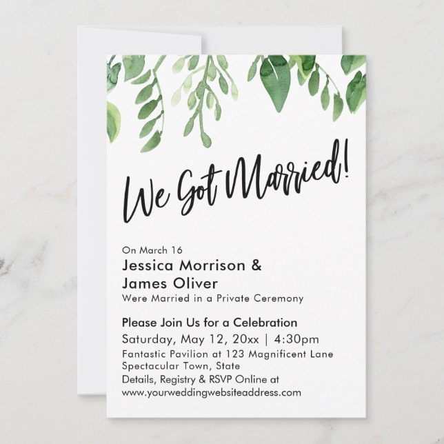 Watercolor Greenery We Got Married! Celebration Invitation (Front)