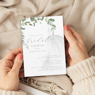 Watercolor Greenery Wedding Dress Bridal Shower Invitation
