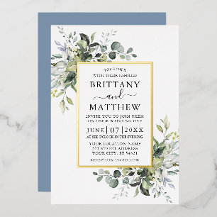 Watercolor Greenery Wedding Dusty Blue Gold