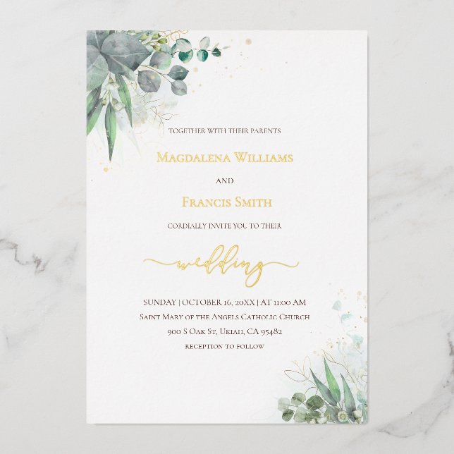 watercolor greenery wedding Foil Invitation (Front)