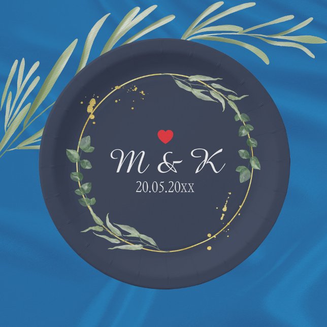 Watercolor Greenery Wedding  Paper Plate (Watercolor Greenery Wedding Paper Plates with Navy Blue Background)