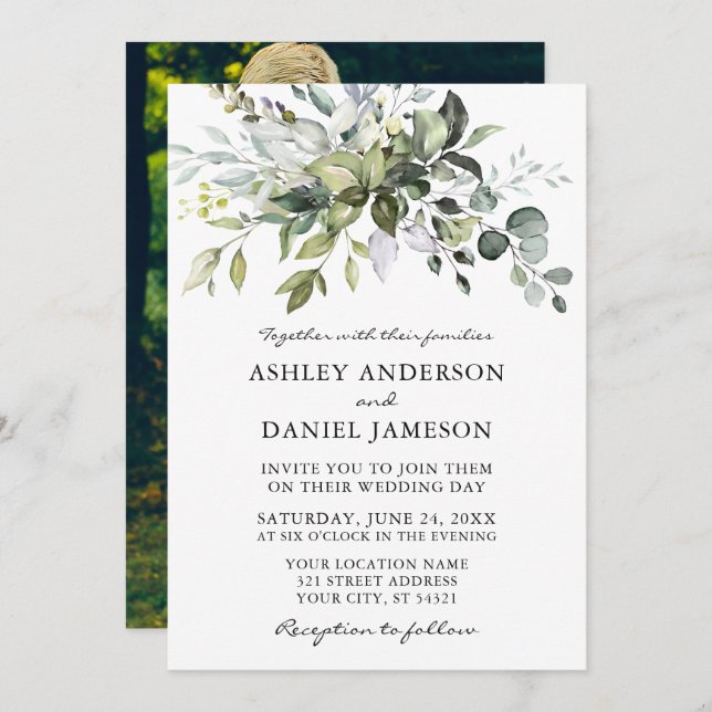 Watercolor Greenery Wedding Photo Back Invitation (Front/Back)