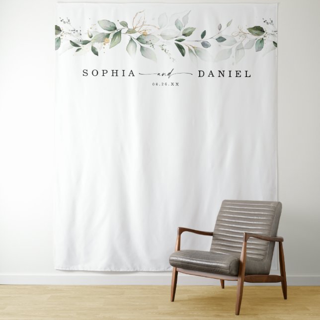 Watercolor Greenery Wedding Photo Prop Backdrop Tapestry (In Situ)