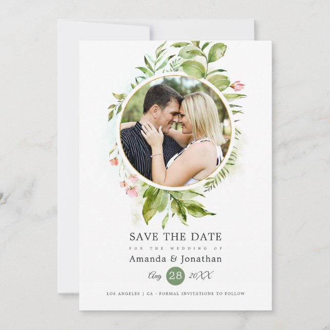 Watercolor Greenery Wedding Photo Save The Date (Front)