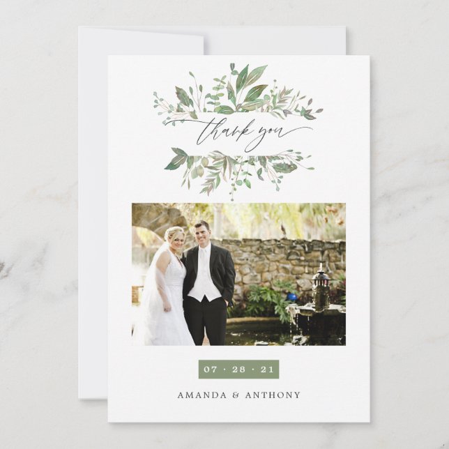 Watercolor Greenery Wedding Photo Thank You Card (Front)