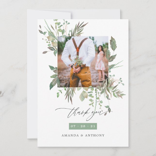 Watercolor Greenery Wedding Photo Thank You Card (Front)
