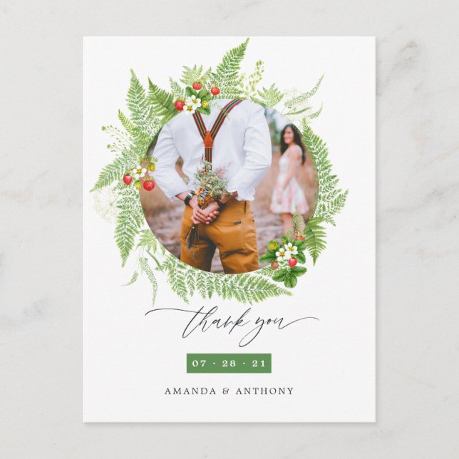 Watercolor Greenery Wedding Photo Thank You Postcard (Front)