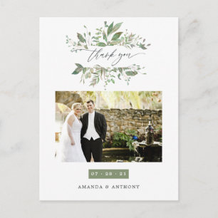 Watercolor Greenery Wedding Photo Thank You Postcard