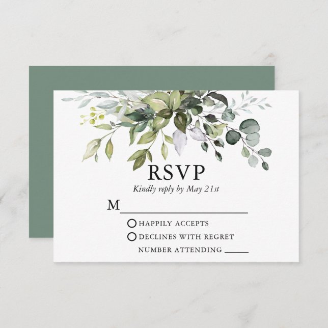 Watercolor Greenery Wedding Sage Green RSVP Card (Front/Back)