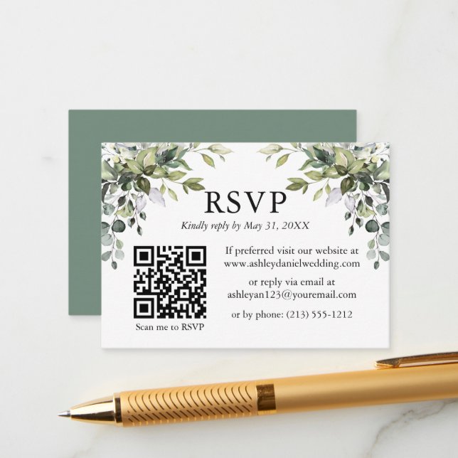 Watercolor Greenery Wedding Sage Green RSVP QR Enclosure Card (Front/Back In Situ)