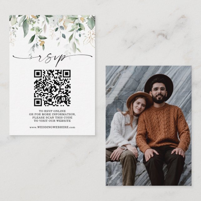 Watercolor Greenery Wedding Website QR Code RSVP Enclosure Card (Front/Back)