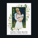Watercolor Greenery White Floral Save The Date Postcard<br><div class="desc">Modern Watercolor Eucalyptus Greenery White Flowers Frame Save The Date Photo Engagement Announcement Postcard - Gold Frame</div>