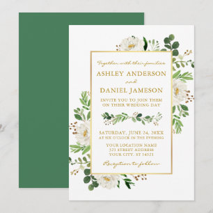 Watercolor Greenery White Floral Wedding Gold Invitation