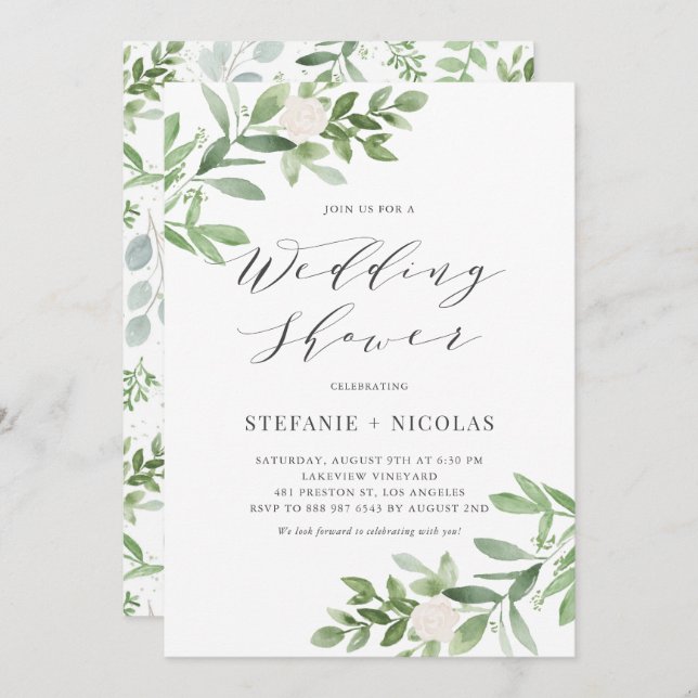 Watercolor Greenery White Floral Wedding Shower Invitation (Front/Back)