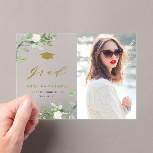 Watercolor Greenery White Flowers Graduation Acrylic Invitations (Insitu (Handheld))