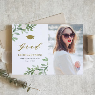 Watercolor Greenery White Flowers Graduation Announcement Postcard