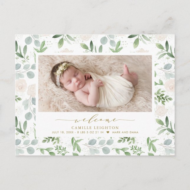 Watercolor Greenery & White Flowers Pattern Birth Announcement Postcard (Front)