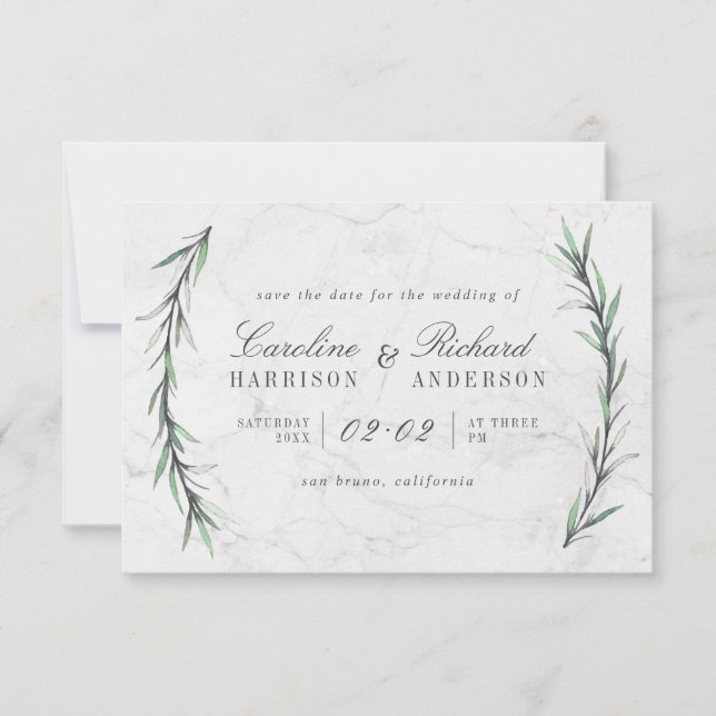 Watercolor Greenery & White Marble Save The Date (Front)