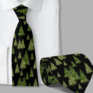 Watercolor Greenery Winter Black Pine Trees Tie