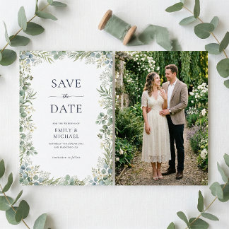 Watercolor Greenery With Photo Elegant Wedding Save The Date