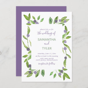Watercolor Greenery with Purple Accents Wedding Invitation